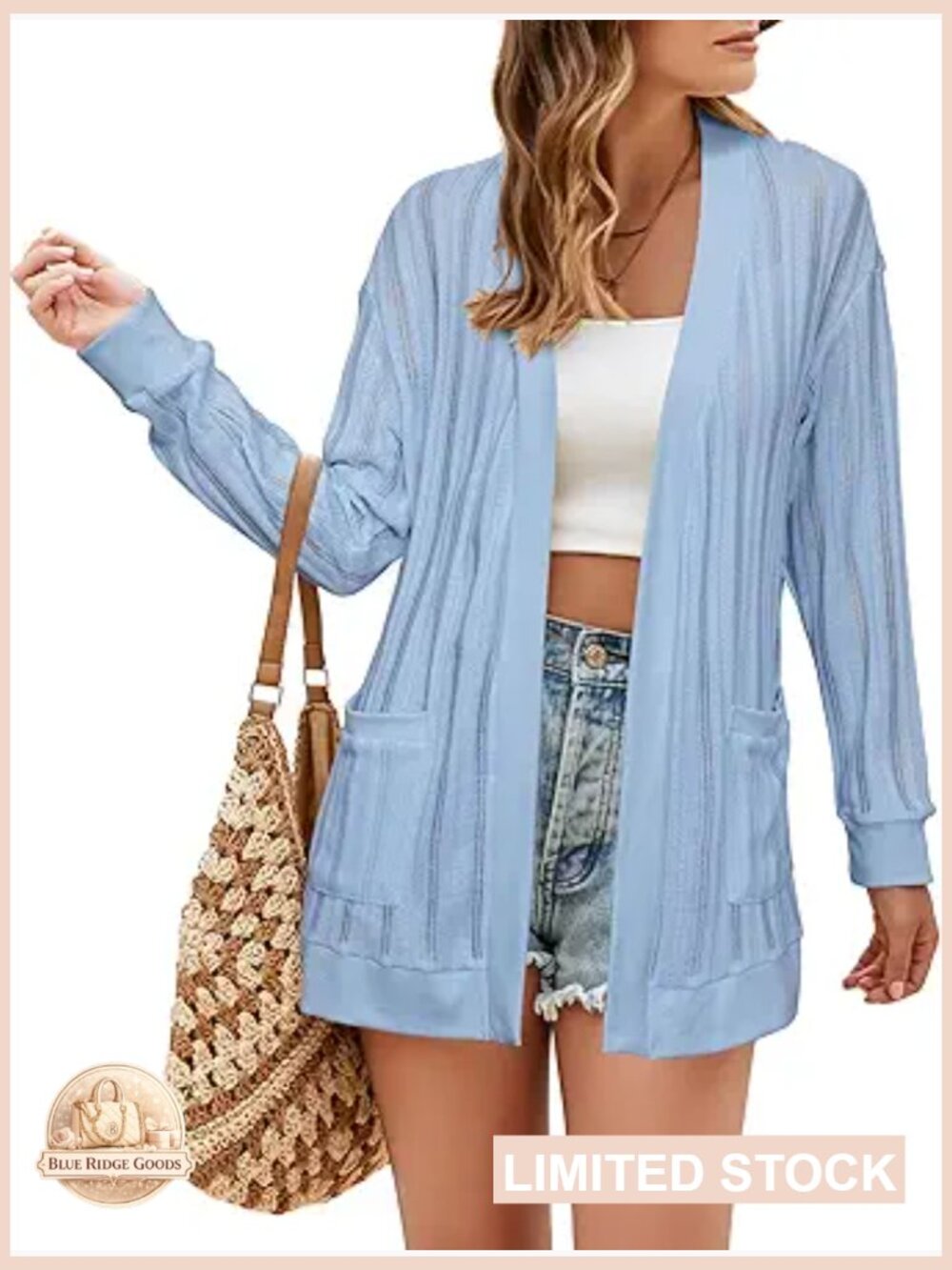 Lightweight Boho Knit Cardigan Open Front with Pockets Summer Beach Cover Up